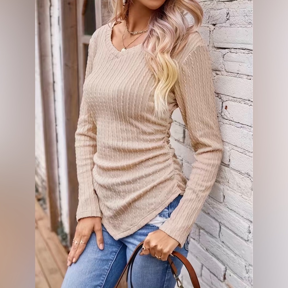 NWOT- Twist Textured V Neck T-Shirt, Casual Long Sleeve Top - Picture 2 of 3